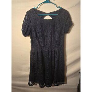 IX Byer Navy Floral Fit & Flare ALine Dress Womens Size Large L Lace Overlay